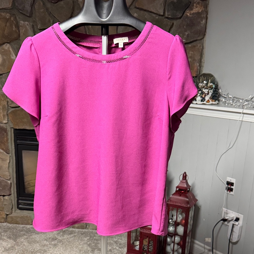 Vibrant Pink Blouse with Embellished Neckline